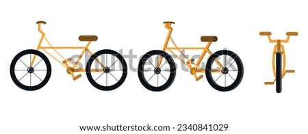 Vector illustration of a bicycle from different angles cartoon style. Yellow bicycle with brown seat and black wheels isolated on white background. Bicycle technology.