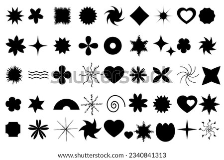 Black flowers and shapes icons. Daisy floral organic form cloud star and other elements in trendy playful brutal style. Vector illustrations