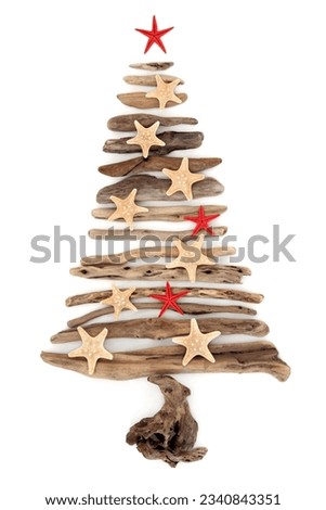 Driftwood christmas tree abstract with starfish over white background