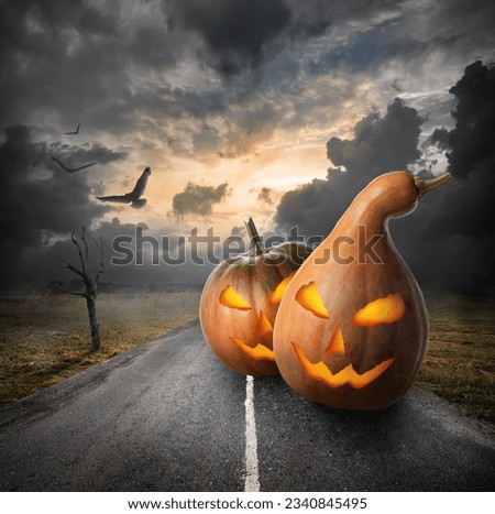 Halloween pumpkin on the road at sunset