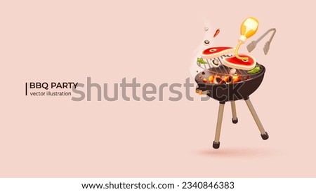 3d Realistic BBQ Grill. Realistic 3d design of Grill cooking with Flames, Steak and Vegetables. Ultra realistic summer party picnic in park with grill. Vector illustration in cartoon minimal style. Royalty-Free Stock Photo #2340846383