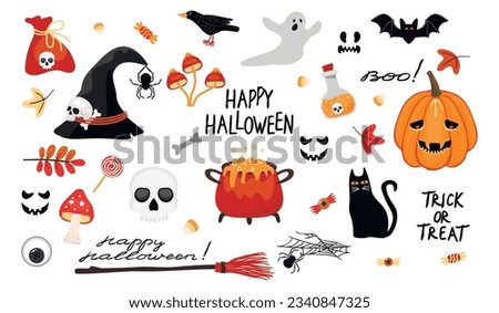 Set of vector cartoon elements for Halloween isolated on white.Witch hat, potion pot, pumpkin lantern, skull, spiders, sweets.Clip art for postcards,stickers,flyers.Hand written text.Flat illustration