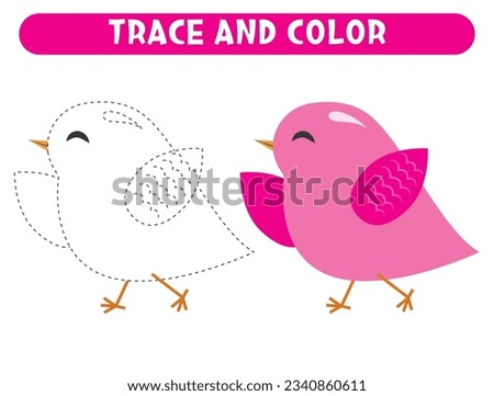 Trace and color cute cartoon pink bird. Worksheet for kids