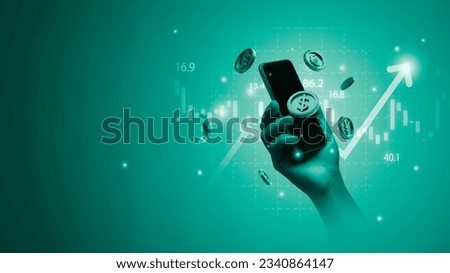 Hand holding smartphone with global currency coins exchange and stock market graph include dollar yuan yen euro and pound sterling sign for forex trading and money transfer concept. Royalty-Free Stock Photo #2340864147