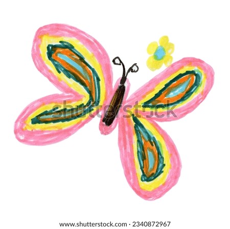 Cute rainbow butterfly with a flower in a naive childrens drawing style isolated on white. Hand drawn illustration with marker pens texture.