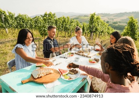 Happy adult friends having fun drinking white wine and eating together with vineyard in background - Multiracial people doing dinne at summer time in countryside resort - Main focus on blond girl face