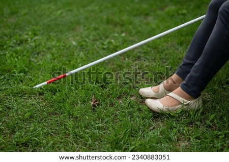 Close-up of the legs of an elderly woman using a tactile cane on a walk in the park. 