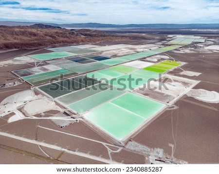 Aerial view of lithium fields in the Atacama desert in Chile, South America - a surreal landscape where batteries are born Royalty-Free Stock Photo #2340885287