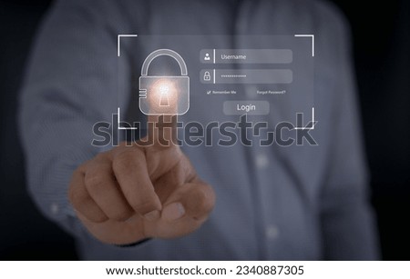 Cyber security, Person entering credentials to log in with Finger touching lock icon. Password and username login page secure access on internet. Online user authentication sign-in, data protection.