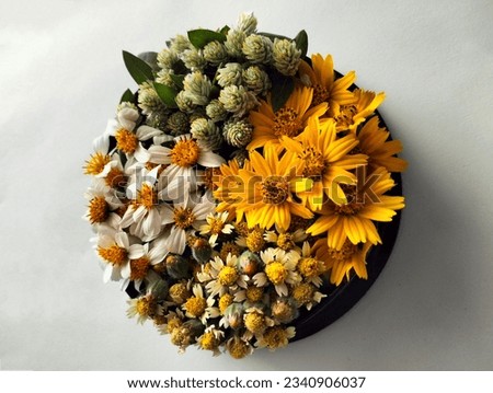 There are 4 types of flowers in a small tray. Yellow, white and green arranged in corners of each species in an orderly manner. very beautiful colors

