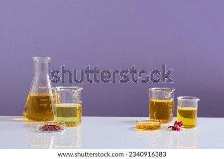 Laboratory concept with a conical flask, some beakers and glass petri dishes filled with liquid. Purple background. Saffron may have cancer-fighting properties