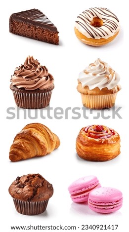 Bakery food items and Desserts set or collection isolated on white background. Chocolate cake slice, white donut, chocolate cupcake, white cupcake, croissant, filled pastry, muffin, macaroon. closeup. Royalty-Free Stock Photo #2340921417