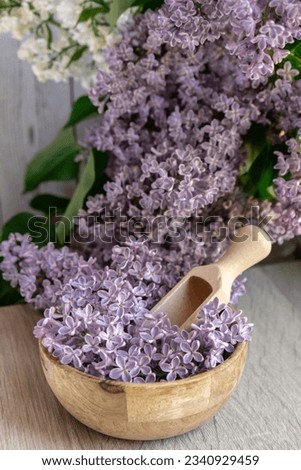 Wooden Bowl with wooden spoon of fresh purple lilac petals with branch of blooming lilac. Lilac flowers fragrance. Concept for spa wellness and aromatherapy. Copy space Still life composition
