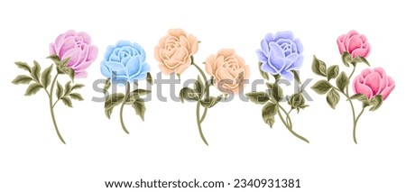 Colorful soft pastel rose, peony flower, and leaf branch hand drawn vector clip art illustration collection