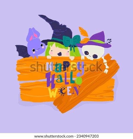 Cartoon Halloween Illustration with Little Witch, Baby Bat and Skeleton