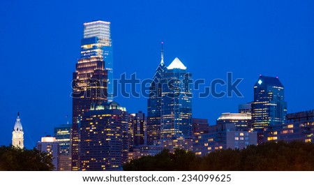 View of downtown Philly at night from The Rocky Steps at the Philadelphia Museum of Art,  Pennsylvania.