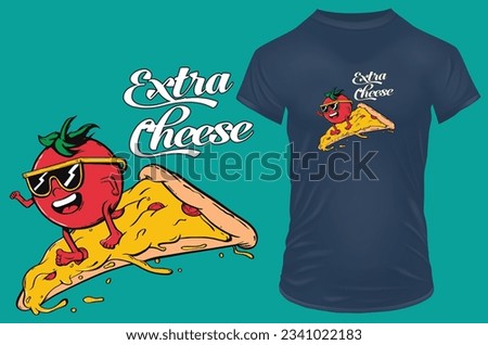 Extra cheese typography with funny happy tomato on a pepperoni pizza slice. Vector illustration for tshirt, website, print, clip art, poster and print on demand merchandise.