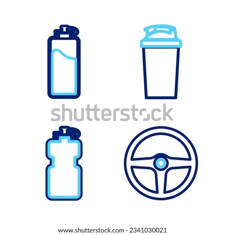 Set line Steering wheel, Sport bottle with water, Fitness shaker and  icon. Vector