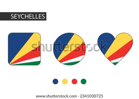 Seychelles 3 shapes (square, circle, heart) with city flag. Isolated on white background.