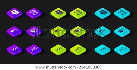 Set Stereo speaker, Microphone, Guitar amplifier,  and MP4 file document icon. Vector