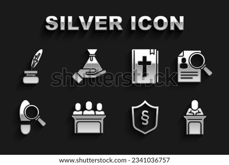 Set Jurors, Paper analysis magnifying, Judge, Justice law shield, Footsteps, Holy bible book, Feather and inkwell and Bribe money bag icon. Vector