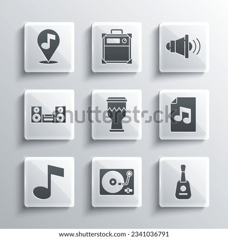 Set Vinyl player with vinyl disk, Guitar, Music book note, Drum, tone, Home stereo, Location musical and Speaker volume icon. Vector