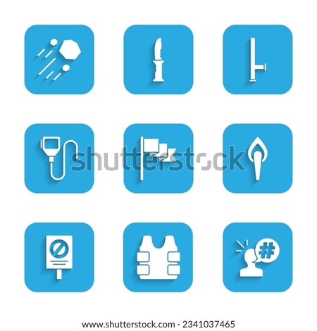 Set Location marker, Bulletproof vest, Protest, Torch flame, Walkie talkie, Police rubber baton and Flying stone icon. Vector