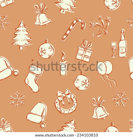 Vector Seamless Sketch New Year and Christmas Pattern on Brown Background