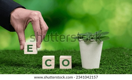Businessman holding plant pot with ECO cube symbol. Forest regeneration and natural awareness. Ethical green business with eco-friendly policy utilizing renewable energy to preserve ecology. Alter Royalty-Free Stock Photo #2341042157