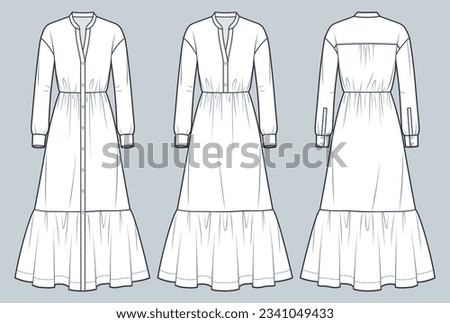 Set of Shirt Dress technical fashion illustration. Tiered Dress fashion flat technical drawing template, long sleeve, maxi length, front and back view, white, women CAD mockup set. Royalty-Free Stock Photo #2341049433