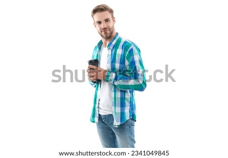caucasian millennial man with coffee isolated on white. millennial man with coffee in studio