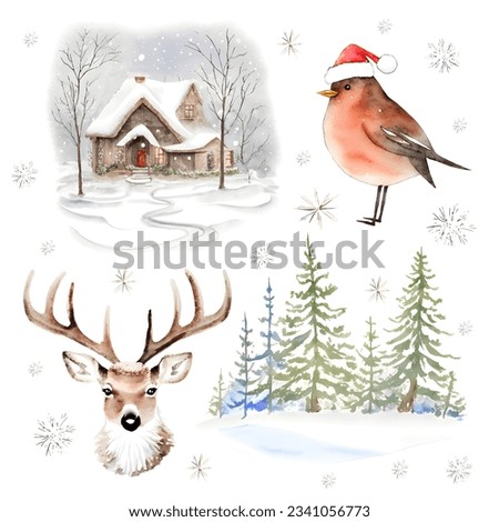 Watercolor Merry Christmas objects collection, xmas trees, cute deer, house and bird in hat