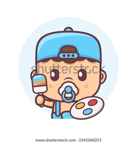 cute painter baby cartoon character vector illustration, mascot, icon, sticker.