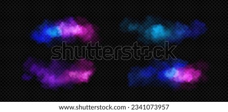 Neon cloud in bright pink, purple and blue colors. Realistic vector illustration of magic fantasy and futuristic fog. Magic surreal smoke with gradient effect. Vibrant illuminated cumulus elements.