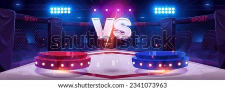Versus concept - red and blue podiums on boxing ring with VS sign. Cartoon vector illustration of two stands of sport confrontation and competition. Horizontal background - game battle banner. Royalty-Free Stock Photo #2341073963