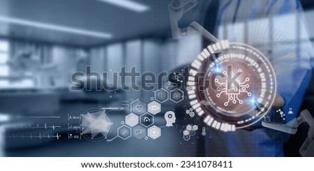 Artificial intelligence (AI) in healthcare concept. Helping to diagnose diseases more accurately, personalize treatments. AI, Innovation and technology, Digital healthcare on futuristic hologram. Royalty-Free Stock Photo #2341078411