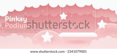 3d Vector baby product display, podium banner. Cute swing, rainbow, star in pink sky background for baby store, online shop, girl clothes toy, kid fashion discount promotion sale, social media post. Royalty-Free Stock Photo #2341079001