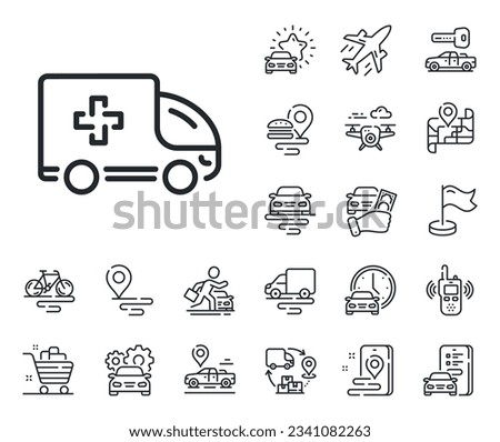 Hospital transportation vehicle sign. Plane, supply chain and place location outline icons. Ambulance emergency car line icon. Medical symbol. Ambulance emergency line sign. Vector