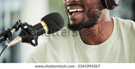 Microphone, headphones and man streaming live, closeup and media broadcast with web radio host. Happy person, influencer or content creator with mic, internet recording and networking with happiness