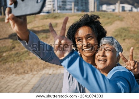 Friends, mature women and outdoor for peace selfie at a park with motivation and travel memory. Profile picture, social media and influencer people with hands, adventure and happy emoji in Chicago