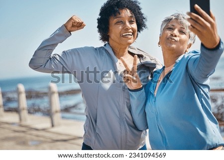 Mature women, friends and outdoor for peace selfie with fitness, motivation and travel memory. Profile picture, social media and influencer people with smile, adventure and flex arm for strong power