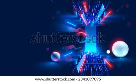 Abstract door in tunnel with digital data center light signals. Future computer technology concept of cyber gate in cyberspace or metaverse. Fantasy cyber door or portal in data center. Tech banner. Royalty-Free Stock Photo #2341097095