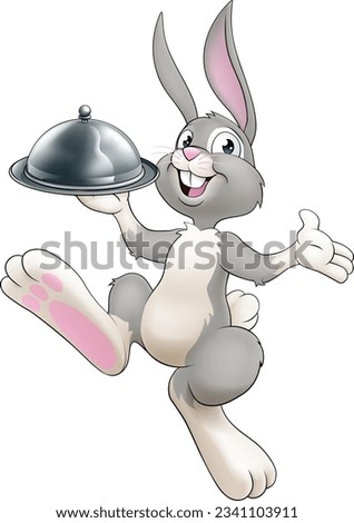 An Easter bunny rabbit cartoon character, possibly the chef, serving or delivering food from a restaurant in a silver cloche tray plate or platter.