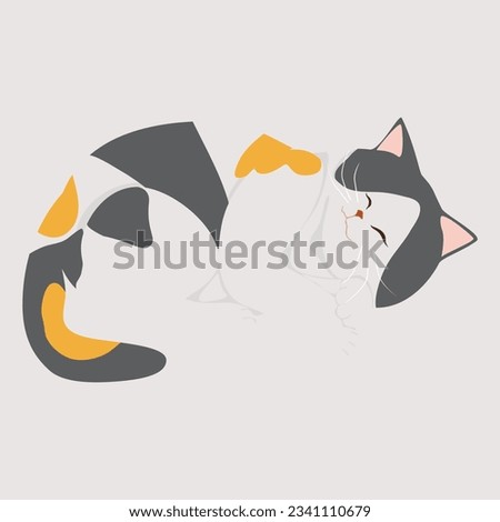 Hand-drawn vector illustration of cute tricolor cat sleeping pop-style design.