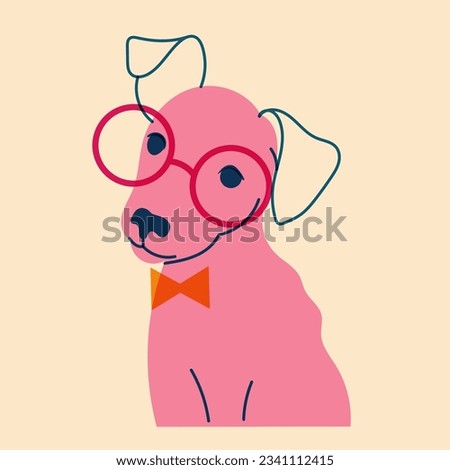 Dog, puppy in glasses. Avatar, badge, poster, logo templates, print. Vector illustration in a minimalist style  with Riso print effect. Flat cartoon style