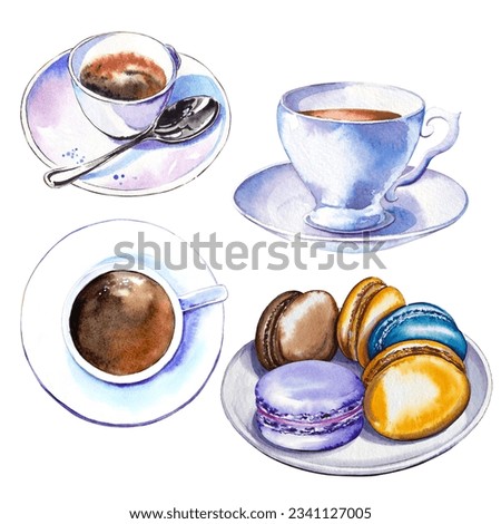 Set of watercolor coffee cups and multicolored macaroons. Illustration isolated on white background.
