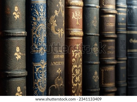 Old books close-up. Title of the book is printed on the spine. Tiled Bookshelf background. Concept on the theme of history, nostalgia, old age, library. Macro photo.
