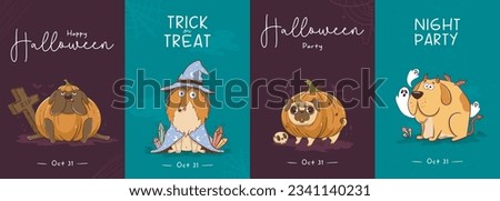 Collection of postcards with Funny cartoon purebred dogs in Halloween costumes. Scary funny character for halloween. Vector illustration of pets for the holiday.