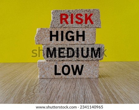 Brick blocks with the red words risk, high, medium, low, on beautiful yellow background. Business concept.