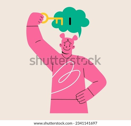 Woman inserting key to keyhole of thought bubble. Unlock idea and explore potential, development of thinking. Colorful vector illustration
 Royalty-Free Stock Photo #2341141697